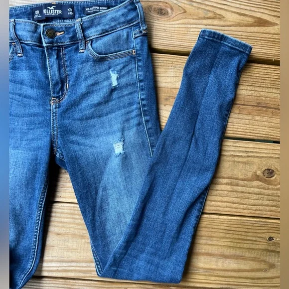 Hollister Women's Blue Ripped mid rise super Skinny stretch Jeans size 0 - Picture 7 of 11